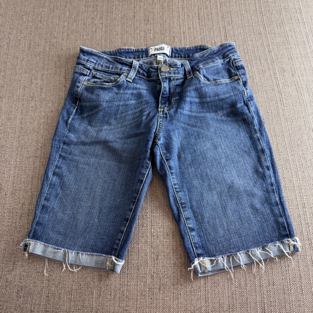 Paige Womens Denim Bermuda Shorts Medium Wash Raw Hem Size 25 Blue Cutoff